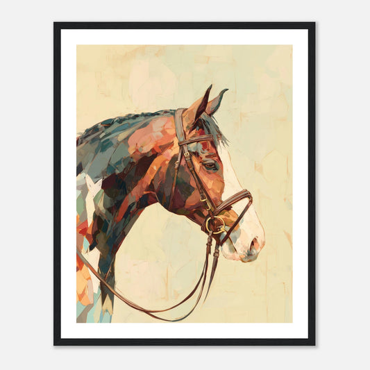 A stylized horse head in profile with a bridle, painted in warm and cool tones against a textured abstract background.