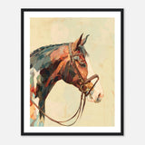 A stylized horse head in profile with a bridle, painted in warm and cool tones against a textured abstract background.