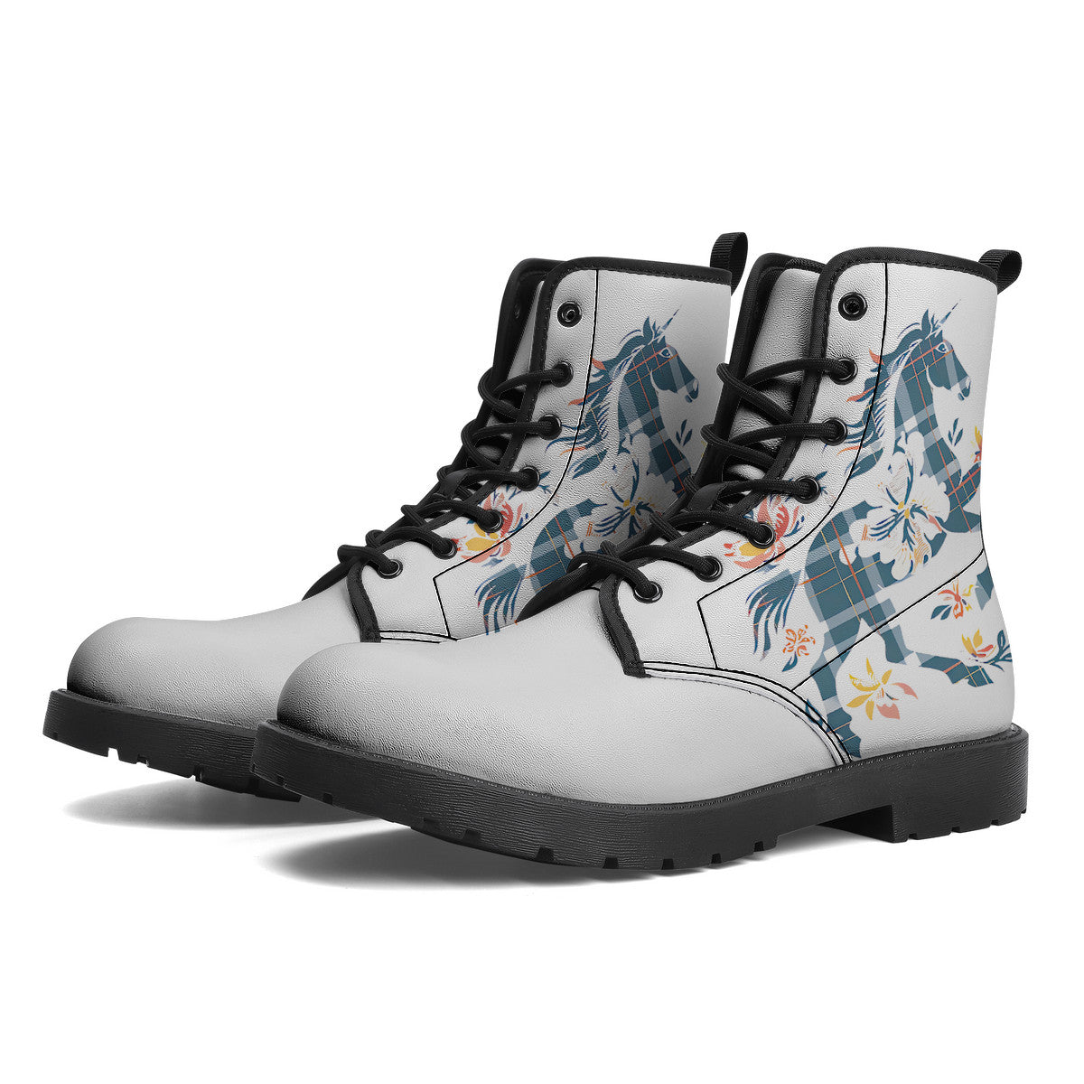 Tartan Check Floral Leather Boots