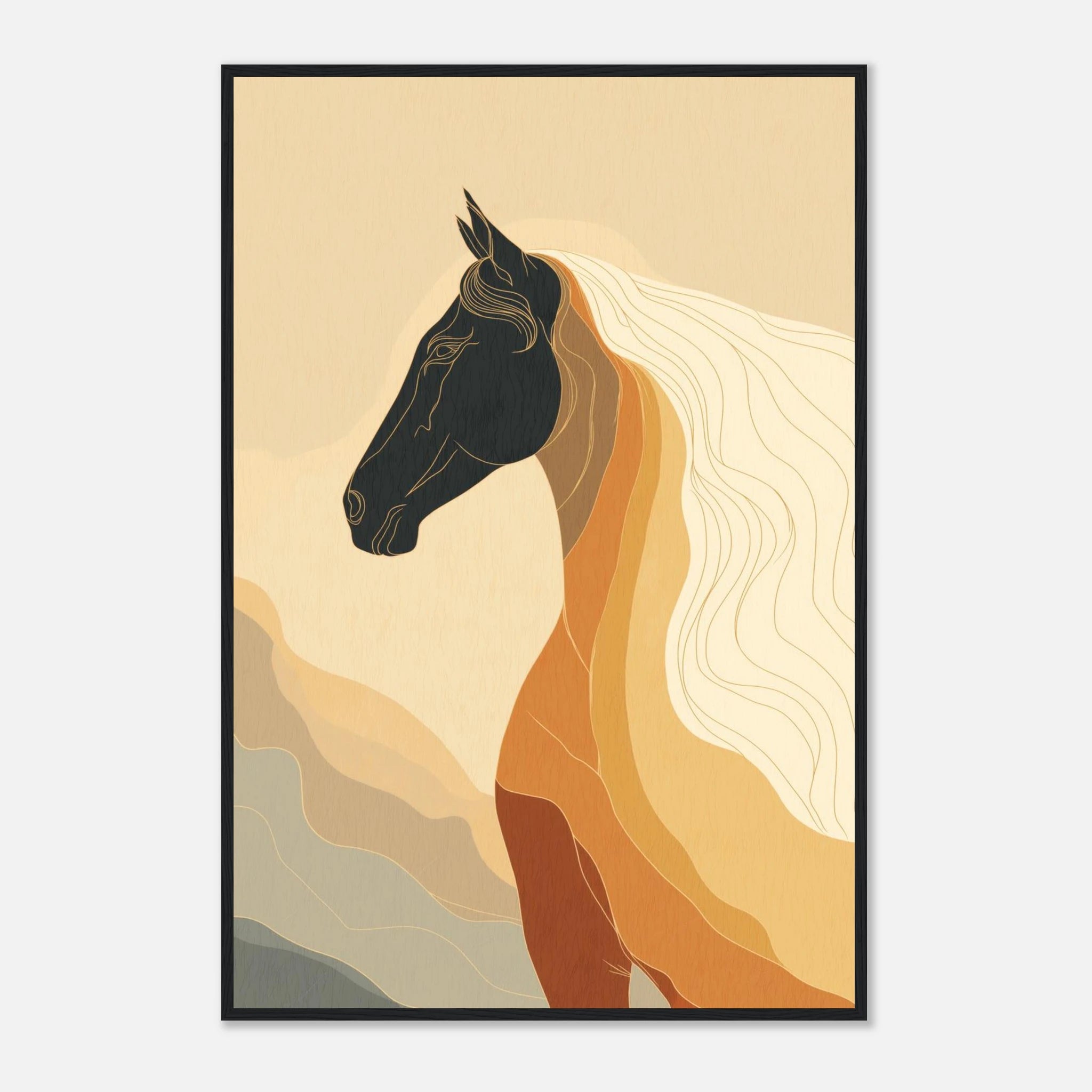 Abstract horse wall art with earthy tones, flowing layered shapes, and an elegant modern equestrian design.