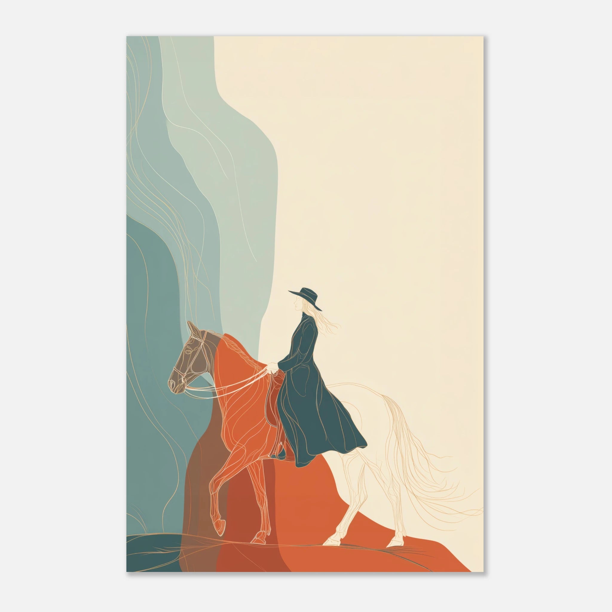 Abstract equestrian wall art with a horse and rider silhouette, earthy tones, flowing linework, and a modern contemporary design.