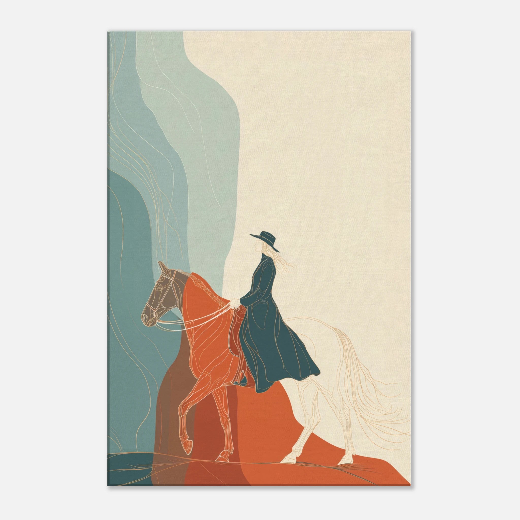 Abstract equestrian wall art with a horse and rider silhouette, earthy tones, flowing linework, and a modern contemporary design.