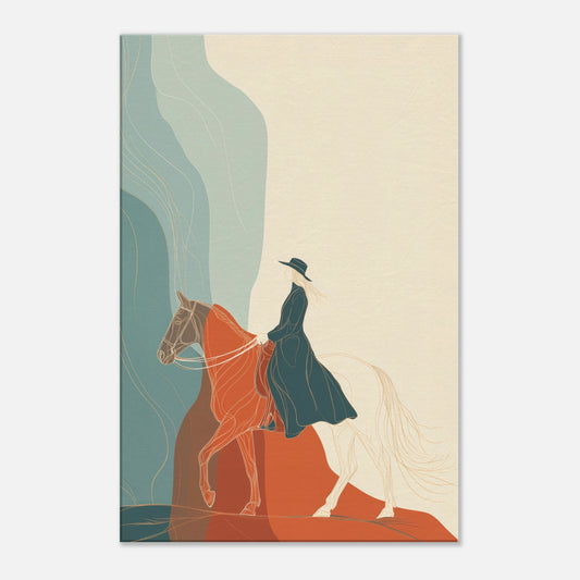 Abstract equestrian wall art with a horse and rider silhouette, earthy tones, flowing linework, and a modern contemporary design.
