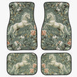 Four car mat sets with floral and horse design on a green background