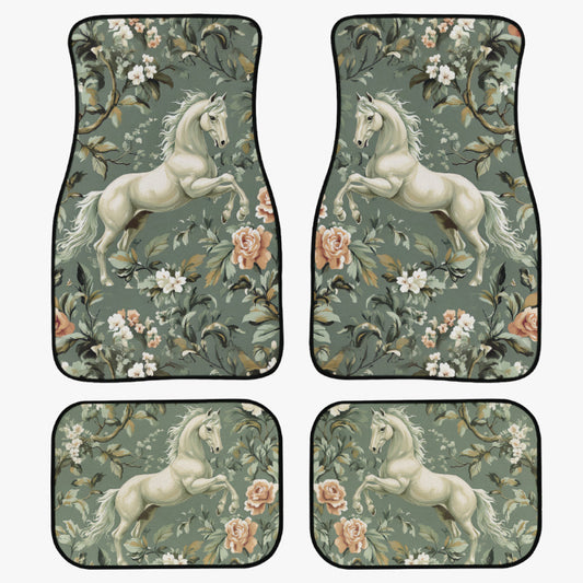 Four car mat sets with floral and horse design on a green background