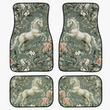 Four car mat sets with floral and horse design on a green background