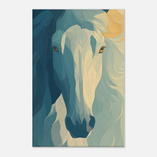 Horse wall art with leafy textures, flowing blue tones, and an elegant modern equestrian design.
