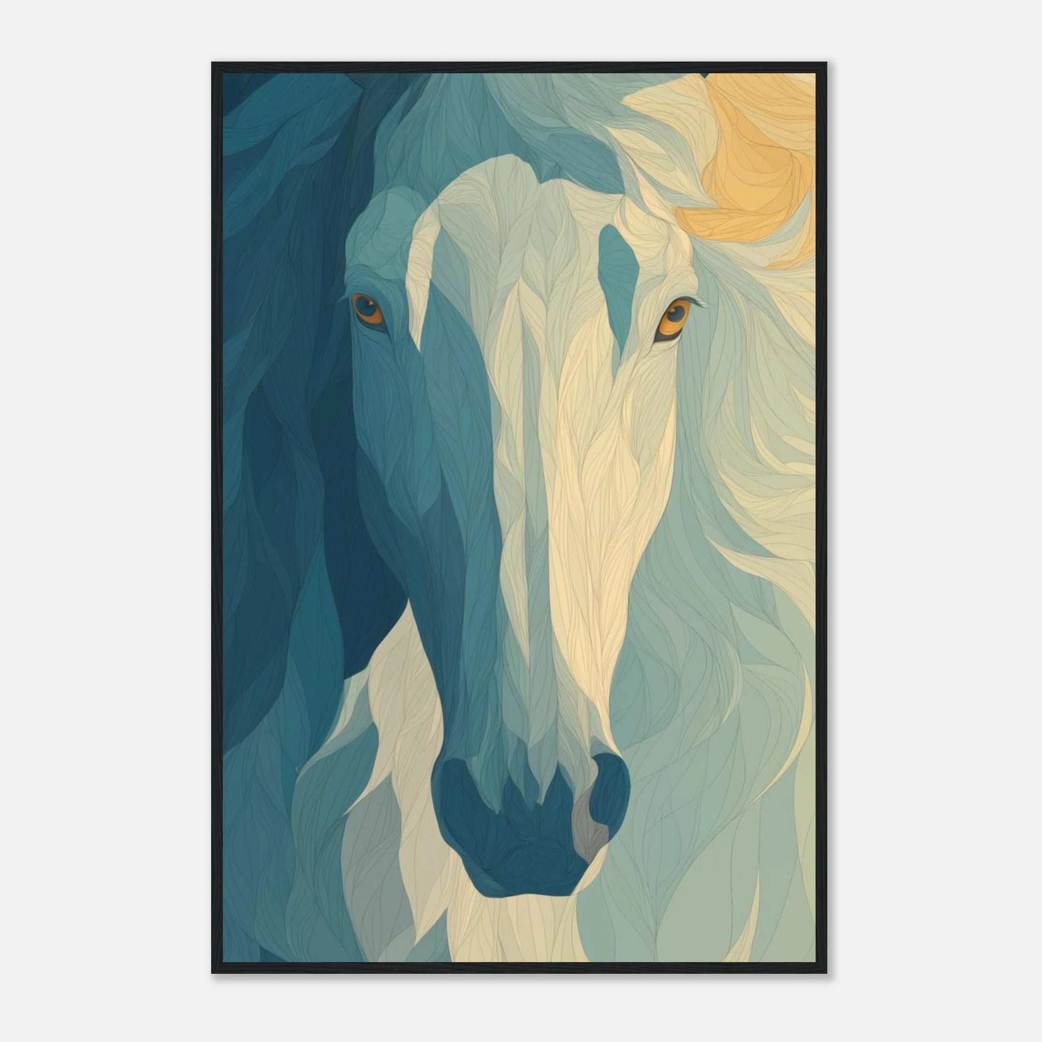 Horse wall art with leafy textures, flowing blue tones, and an elegant modern equestrian design.