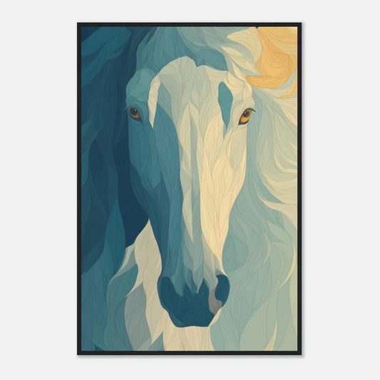 Horse wall art with leafy textures, flowing blue tones, and an elegant modern equestrian design.