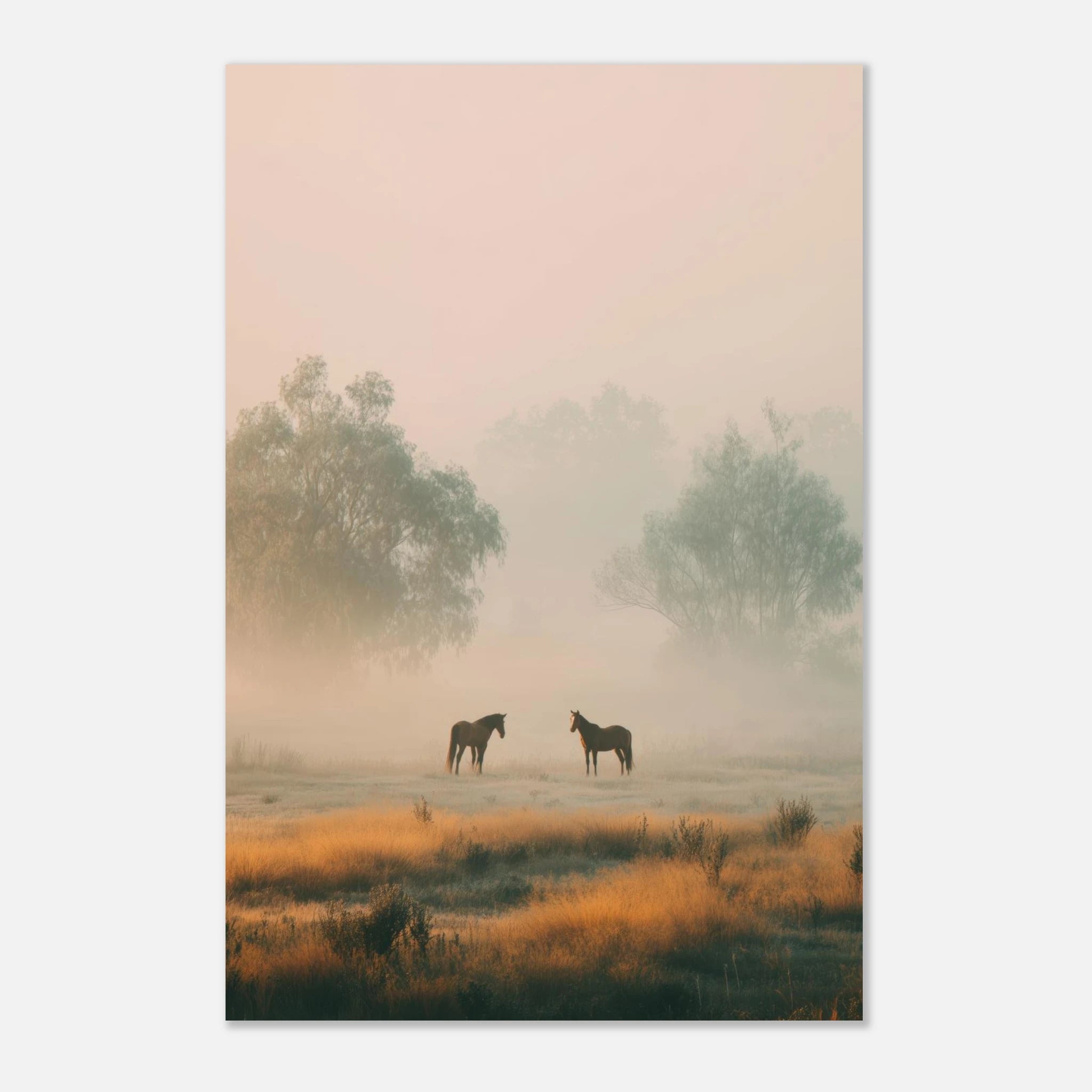 Two horses standing in a misty golden field with tall grasses and soft morning light fading into distant trees.