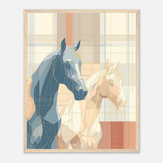 Abstract horse wall art with plaid-inspired linework, layered horse silhouettes, soft neutral tones, and modern equestrian design.