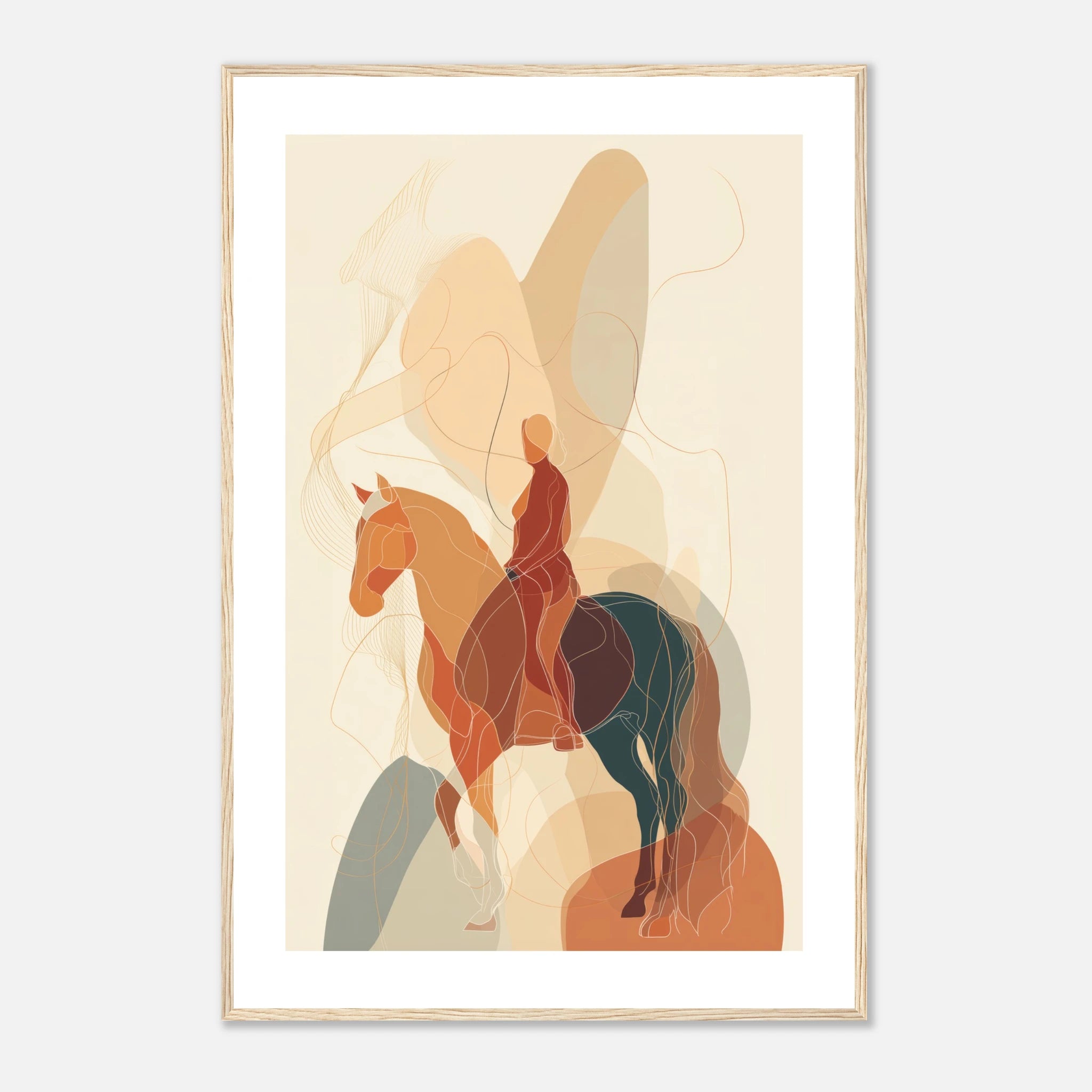 An abstract illustration of a rider on a horse created with layered translucent shapes and fine contour lines in warm and muted tones.