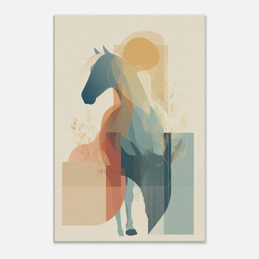 Abstract horse wall art with layered geometric shapes, earthy neutral tones, and a modern equestrian design on a light background.
