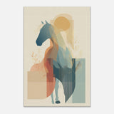 Abstract horse wall art with layered geometric shapes, earthy neutral tones, and a modern equestrian design on a light background.