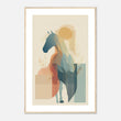 Abstract horse wall art with layered geometric shapes, earthy neutral tones, and a modern equestrian design on a light background.