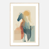 Abstract horse wall art with layered geometric shapes, earthy neutral tones, and a modern equestrian design on a light background.
