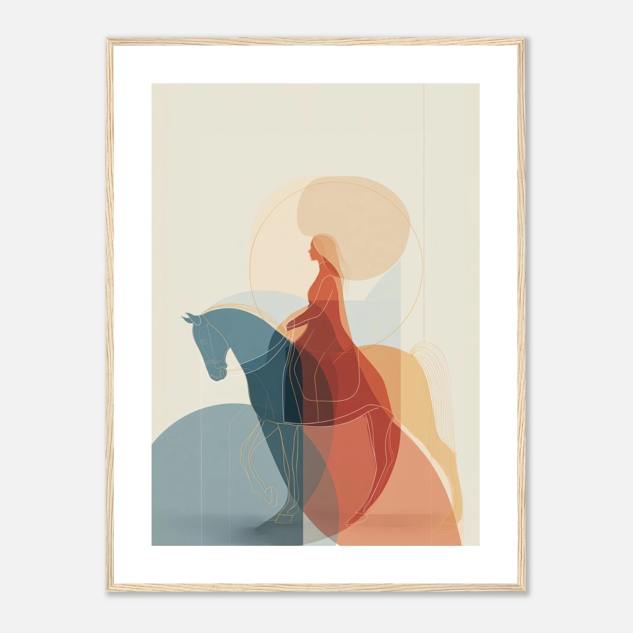 Abstract horse and rider wall art with soft neutral tones, warm layered shapes, and modern equestrian design.