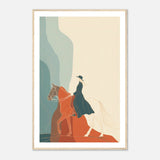 A minimalist illustration of a rider on a horse, drawn with flowing contour lines and muted teal, cream, and rust tones against an abstract background.