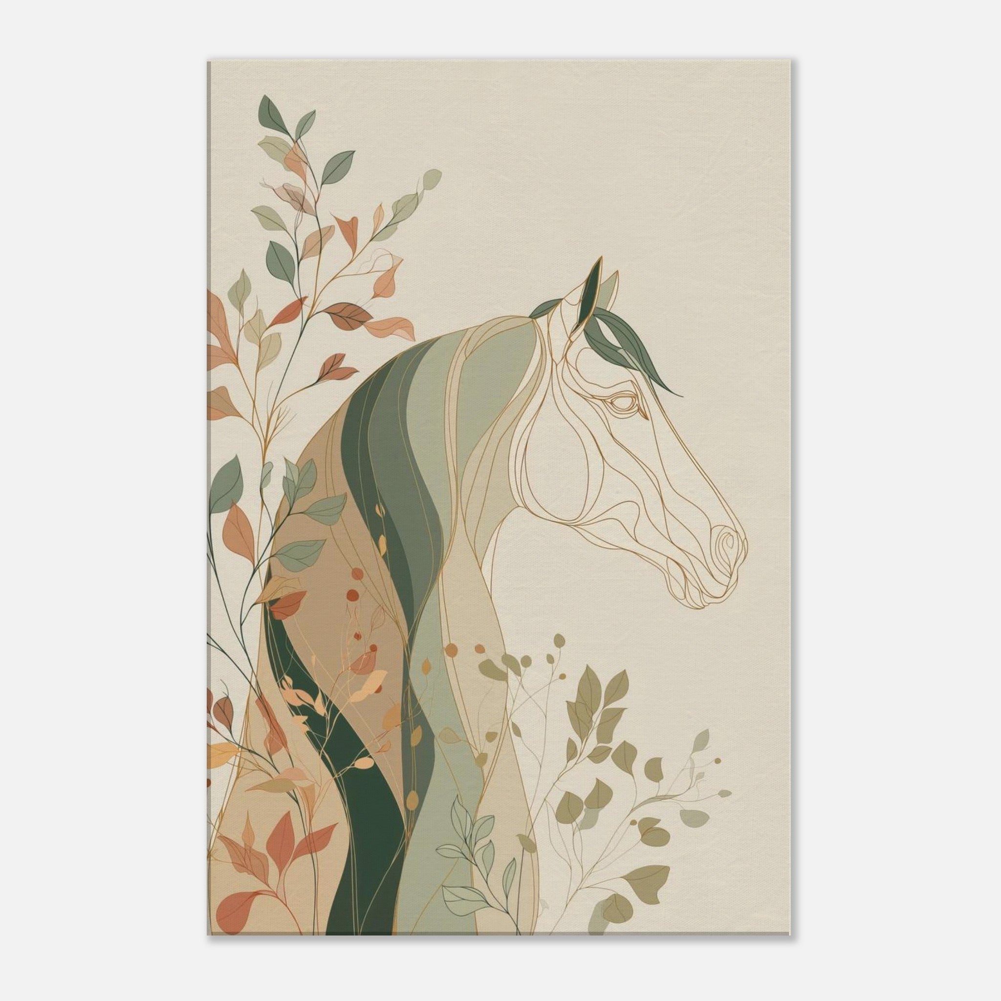 A minimalist botanical horse illustration with flowing linework and overlapping leaves in soft earthy tones.