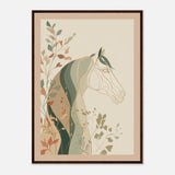 A minimalist botanical horse illustration with flowing linework and overlapping leaves in soft earthy tones.