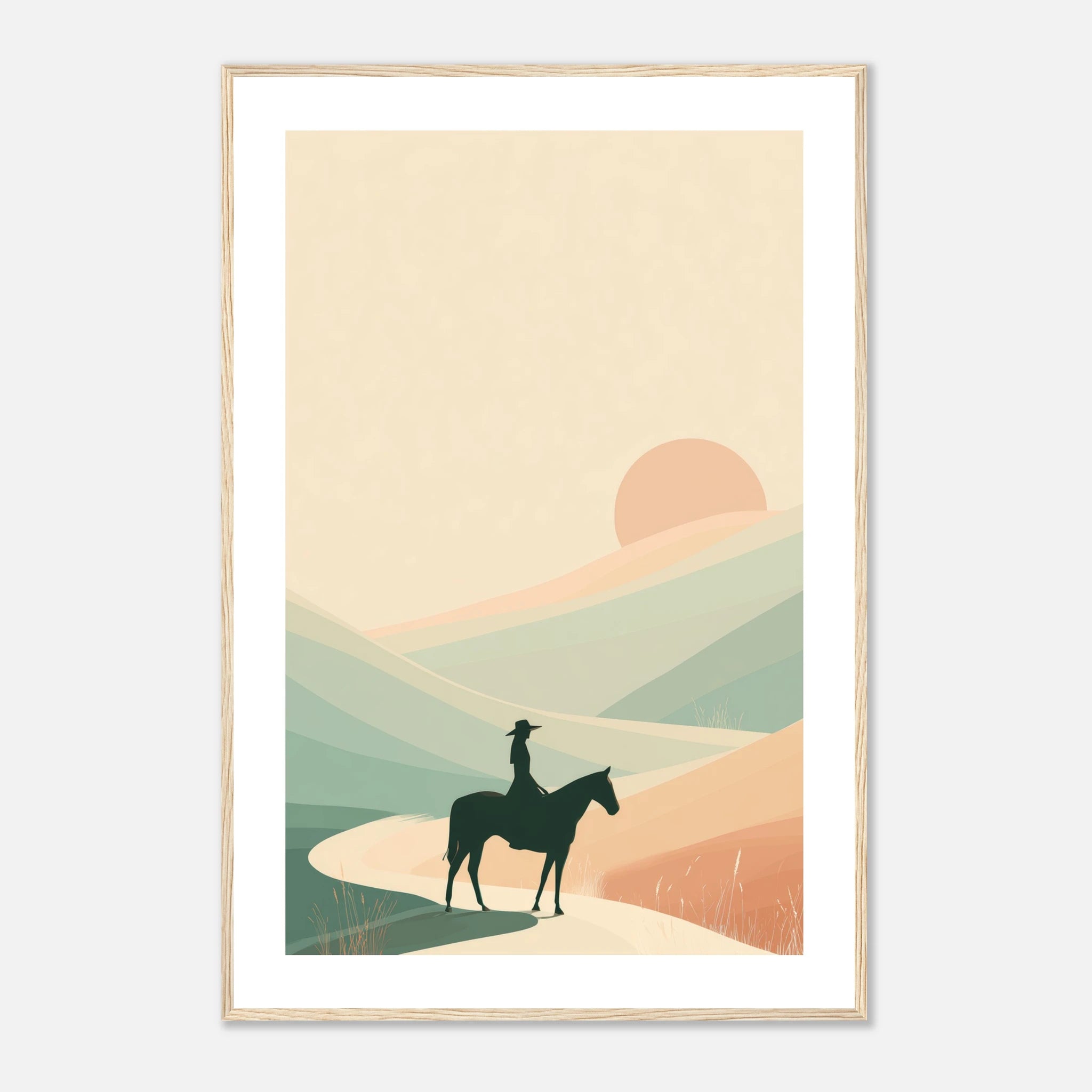 A minimalist landscape illustration with a rider on horseback against layered pastel hills and a soft sun.