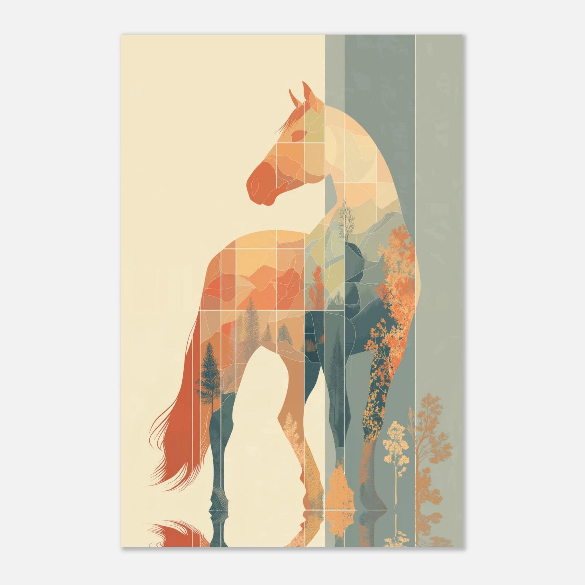 Abstract horse wall art with warm sunset tones, layered geometric design, and an elegant modern equestrian style.