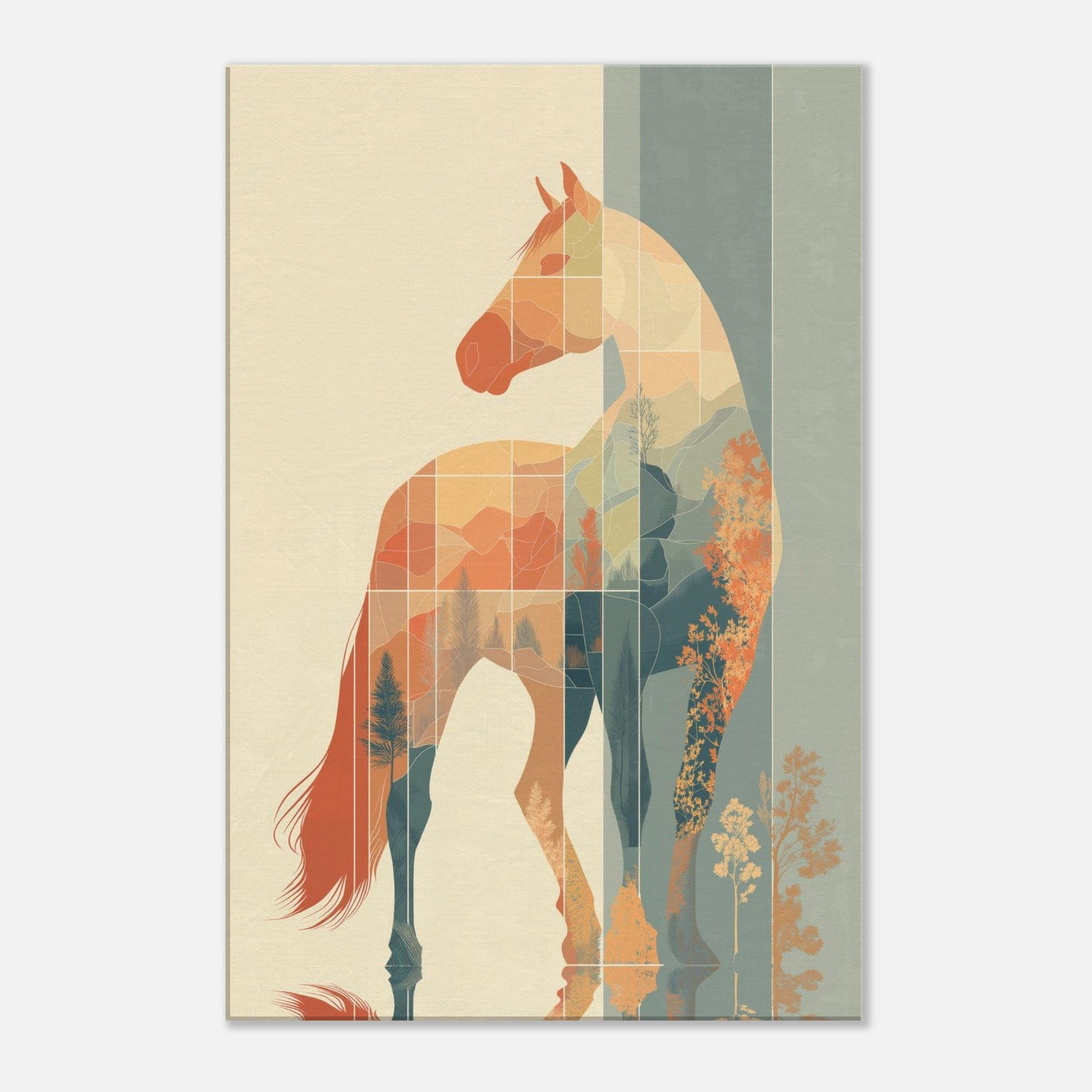 Abstract horse wall art with warm sunset tones, layered geometric design, and an elegant modern equestrian style.
