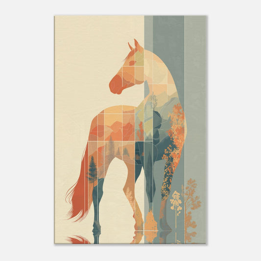 Abstract horse wall art with warm sunset tones, layered geometric design, and an elegant modern equestrian style.