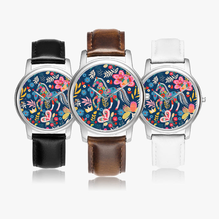 Horse and floral graphic design stainless steel wristwatch with sleek modern design