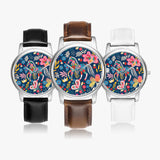 Horse and floral graphic design stainless steel wristwatch with sleek modern design