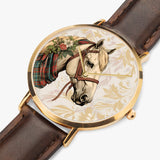 Stylish timepiece showcasing horse-themed dial graphic with leather strap