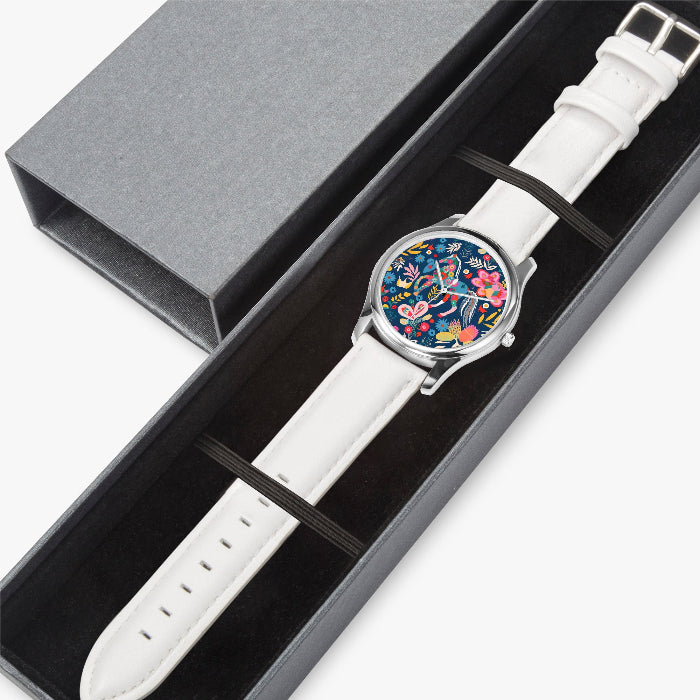 Horse and floral graphic design stainless steel wristwatch with sleek modern design