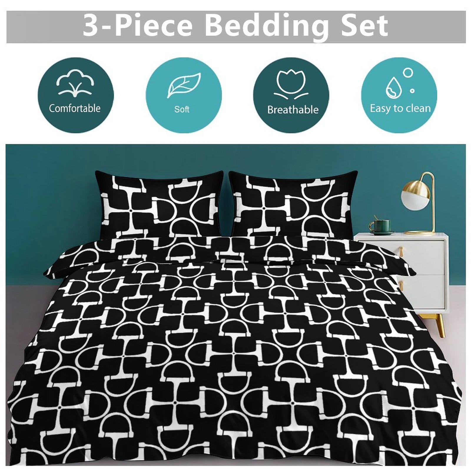 3-piece bedding set with black and white geometric pattern on a bed, featuring comfort, softness, breathability, and ease of cleaning.