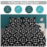 3-piece bedding set with black and white geometric pattern on a bed, featuring comfort, softness, breathability, and ease of cleaning.