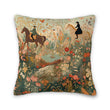 Decorative pillow with horse and rider design on a floral background