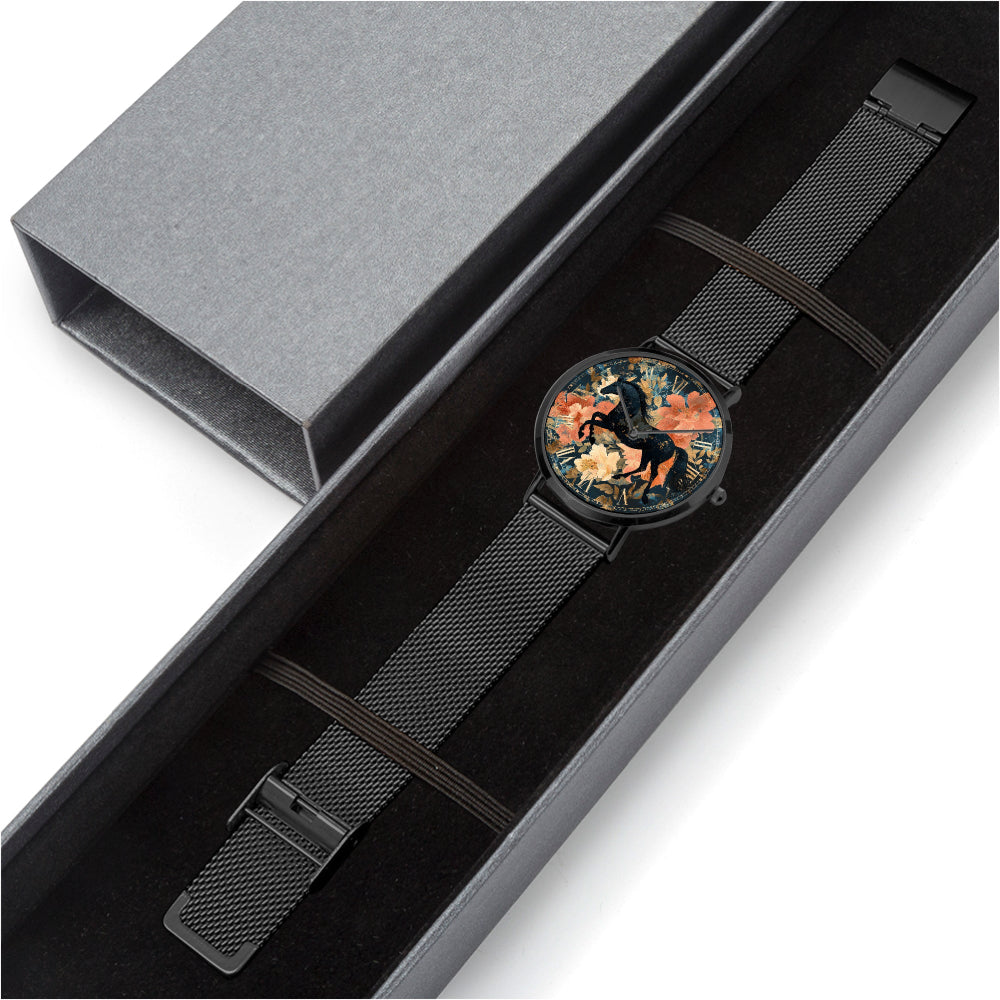 Premium black stainless steel watch with horse design for horse lovers