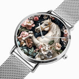 Premium silver stainless steel watch with horse graphic design for horse lovers