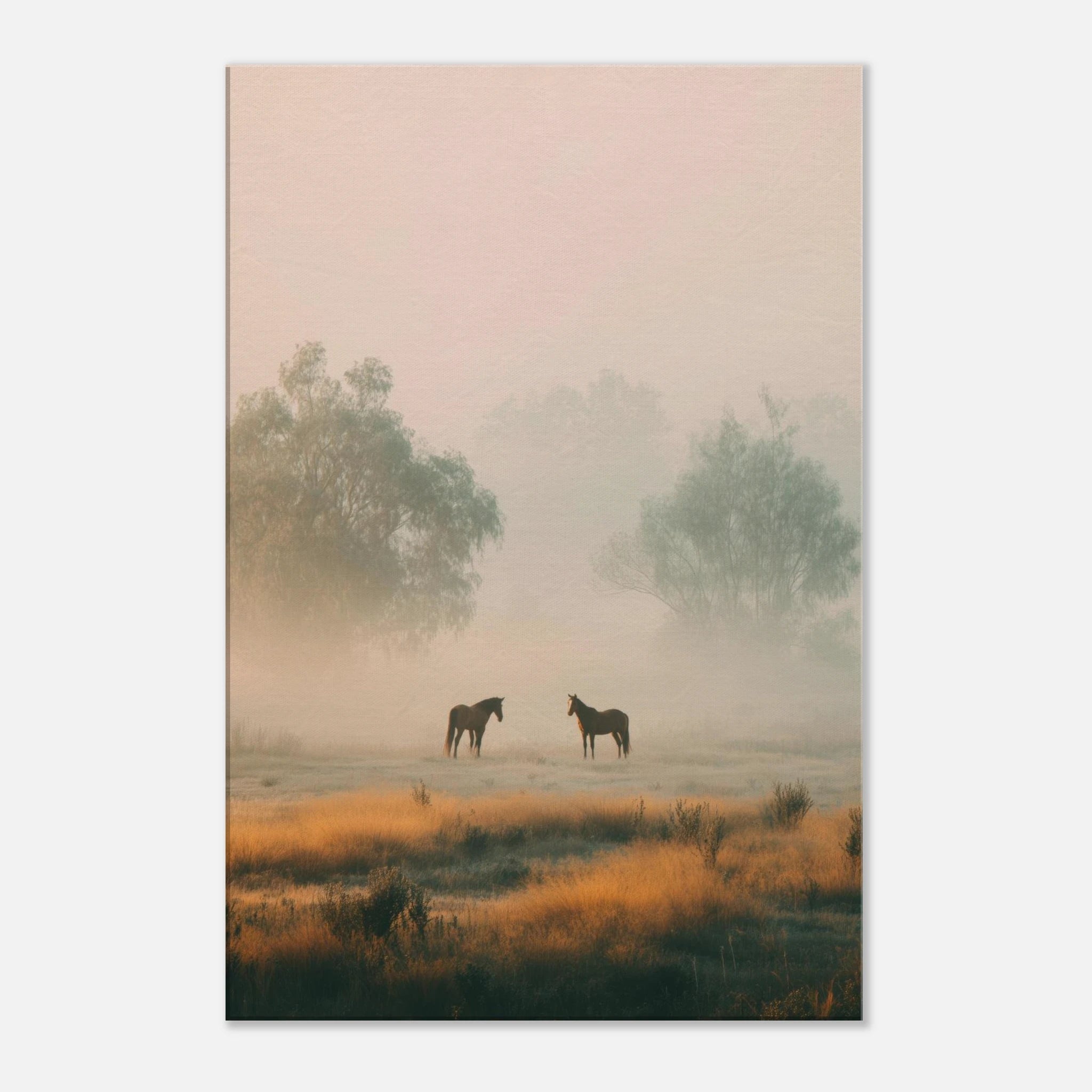 An Two horses standing in a misty golden field with tall grasses and soft morning light fading into distant trees.