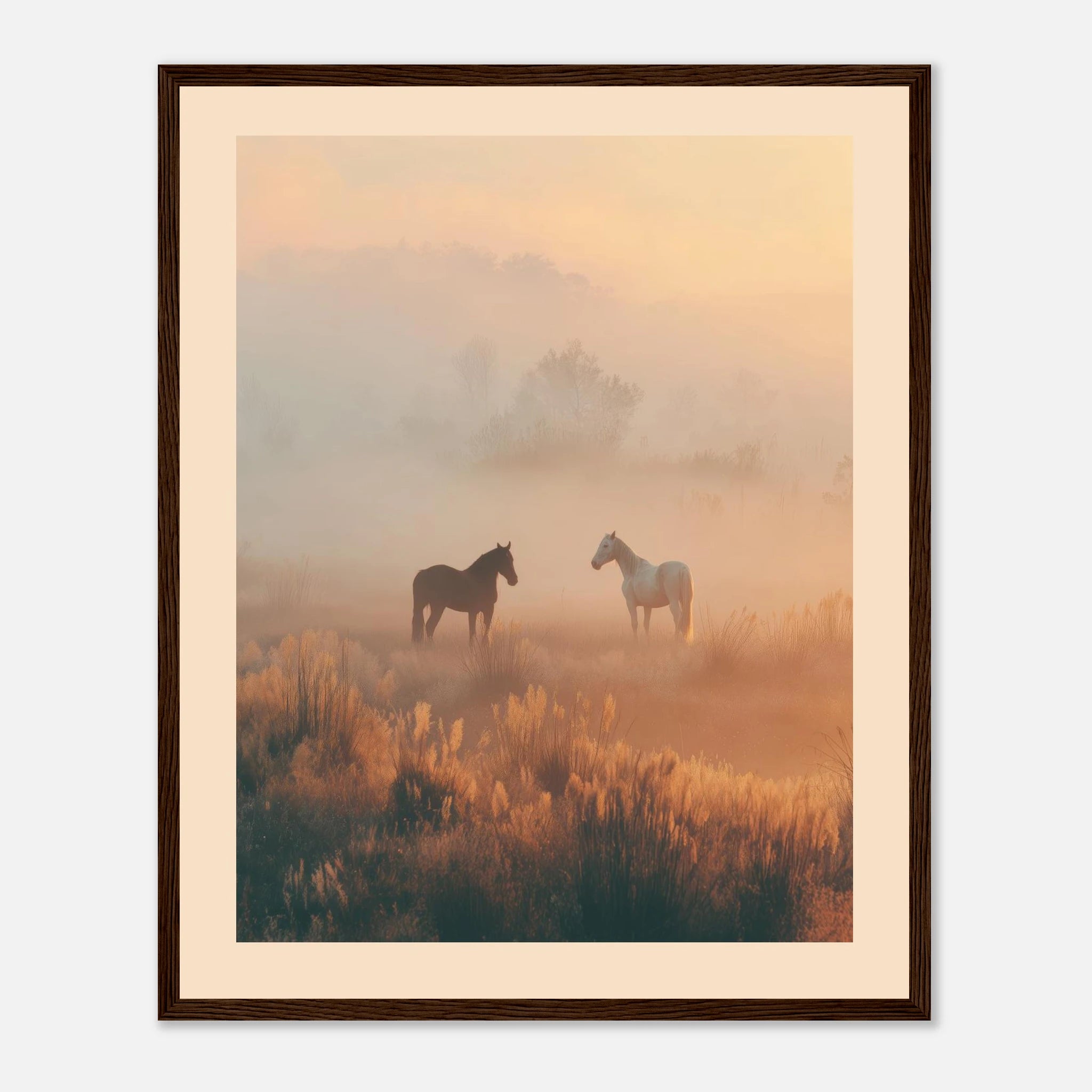A solitary horse standing in a misty golden field, surrounded by tall grasses with soft morning light and distant trees fading into the haze.
