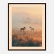A solitary horse standing in a misty golden field, surrounded by tall grasses with soft morning light and distant trees fading into the haze.
