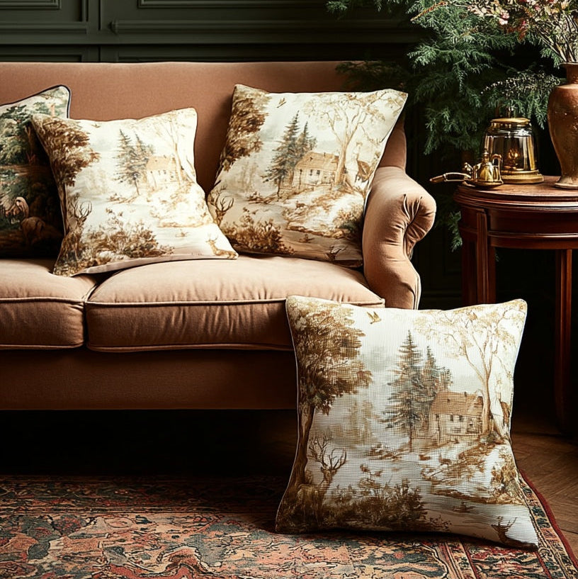 Cozy living room with brown sofa, patterned cushions, and Christmas tree.
