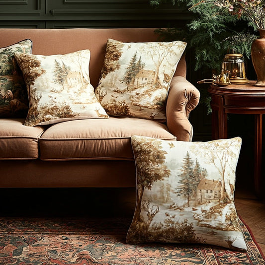 Cozy living room with brown sofa, patterned cushions, and Christmas tree.