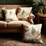 Cozy living room with brown sofa, patterned cushions, and Christmas tree.