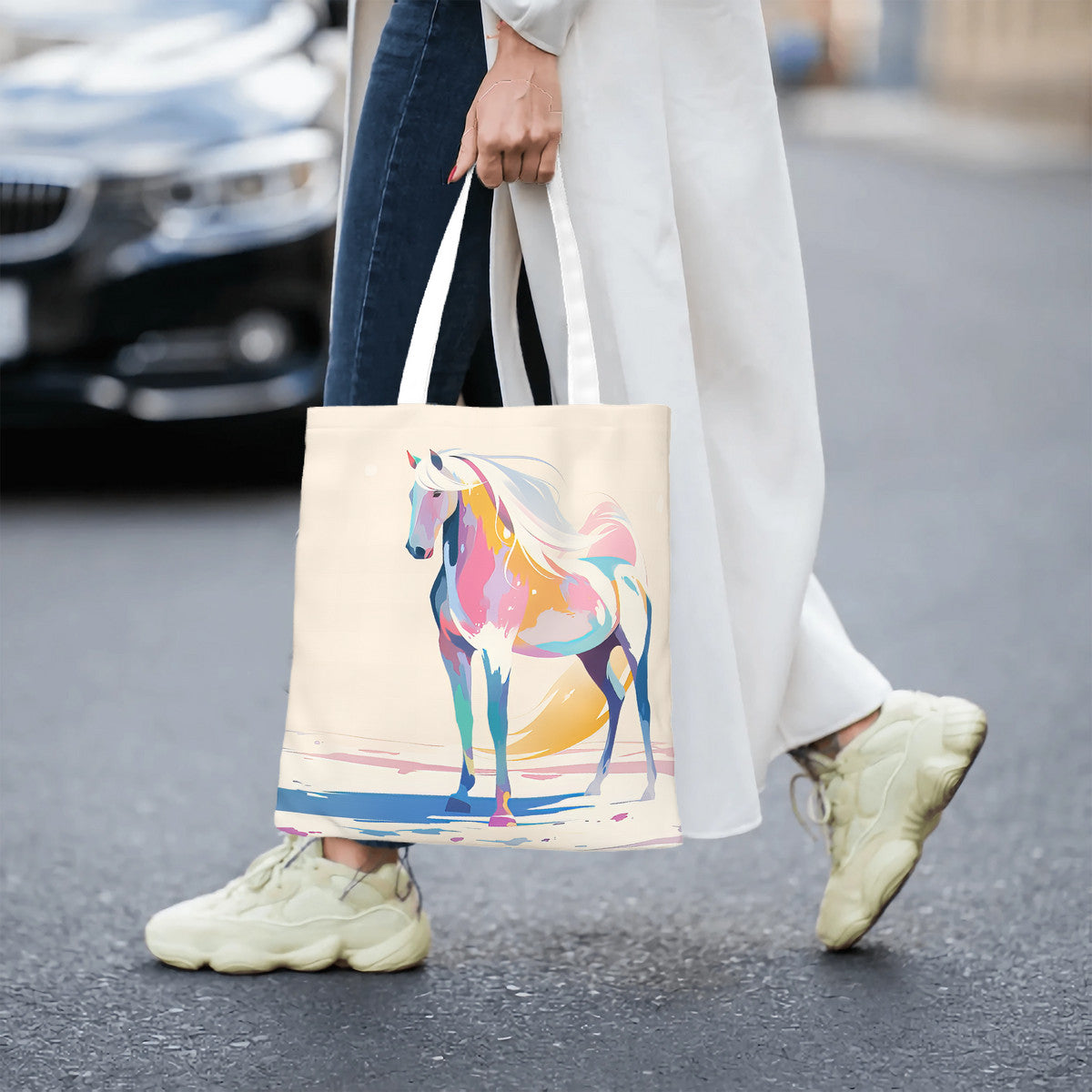 White horse design tote bag, horse lover gift, boho white tote bag, gift for her, animal lover, equestrian design, horse art