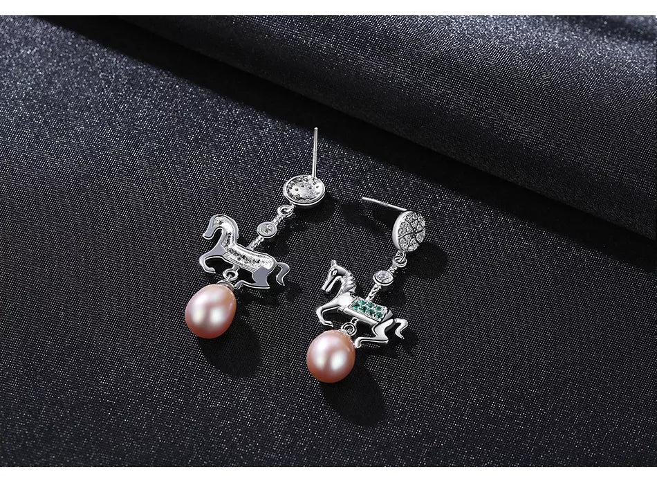 S925 Pearl Diamond Horse Dangle Earring