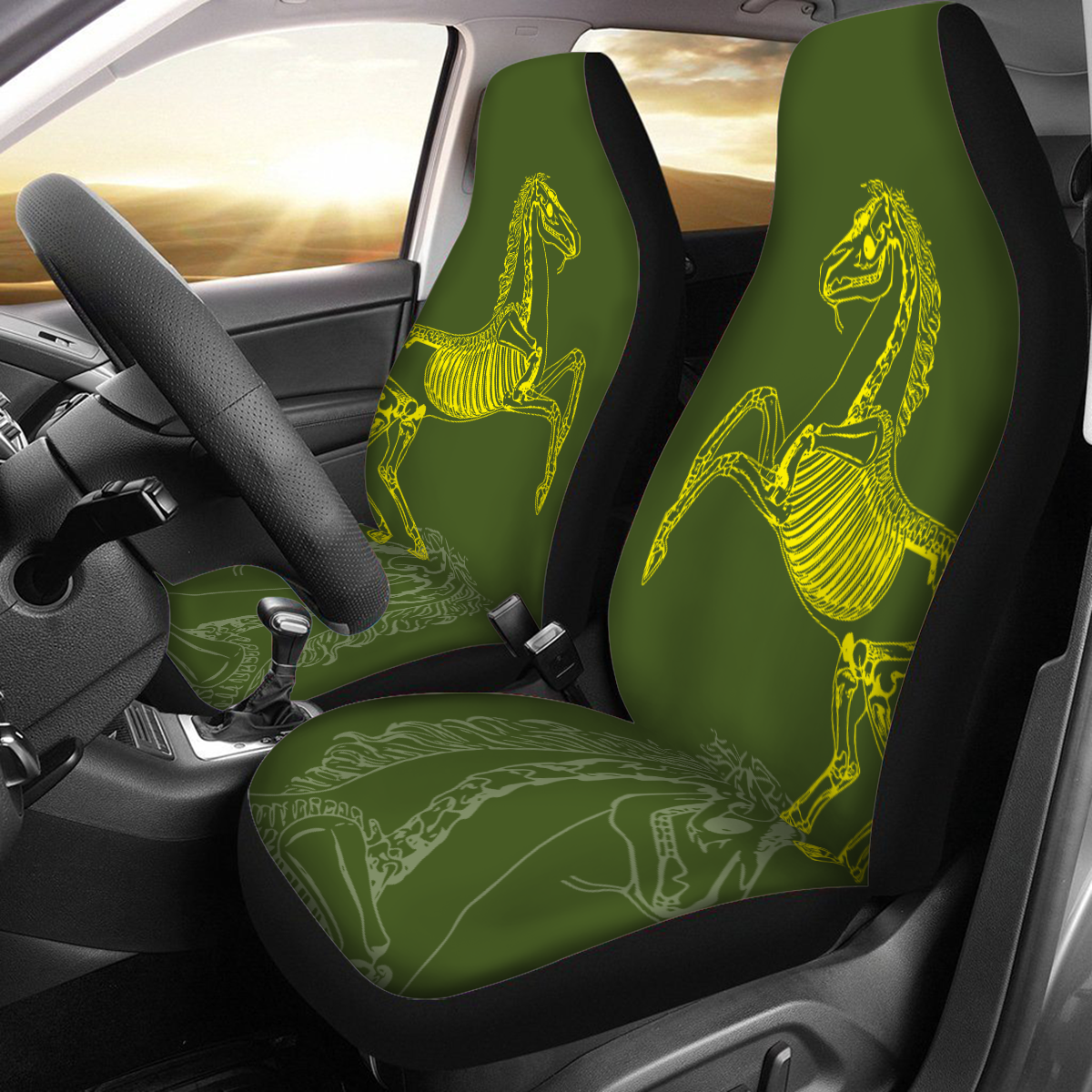 Horse Skeleton - Universal Car Seat Cover - Green